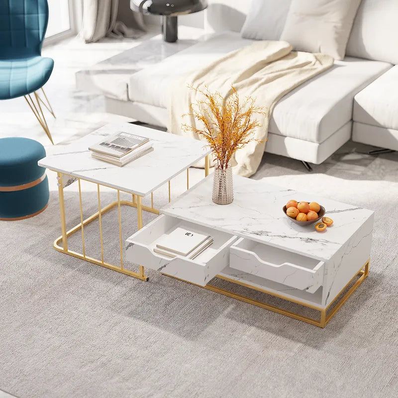 Modern Nesting Coffee Table Set of 2 in White with Drawers & Shelves