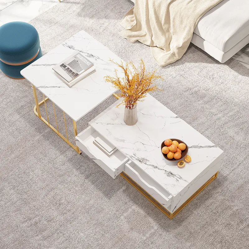 Modern Nesting Coffee Table Set of 2 in White with Drawers & Shelves