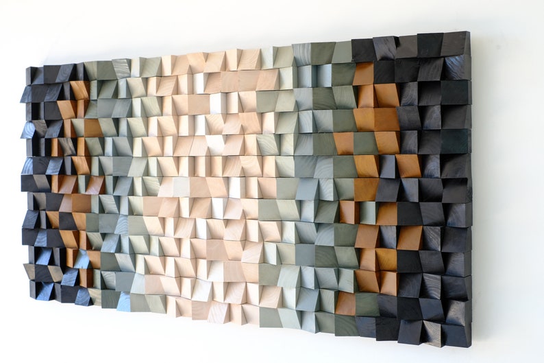 A rectangular mosaic wall art decor made of hand-painted pine wood in a geometric pattern with a gradient of colors.