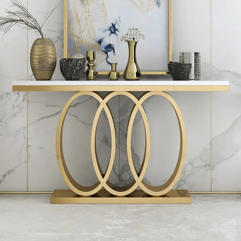 Narrow Modern White Console Table with Faux Marble Top & Metal Base