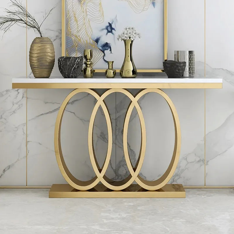 Narrow Modern White Console Table with Faux Marble Top & Stainless Steel Base