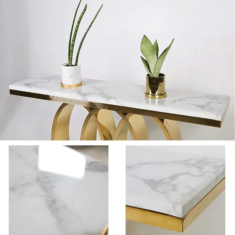 Narrow Modern White Console Table with Faux Marble Top & Metal Base