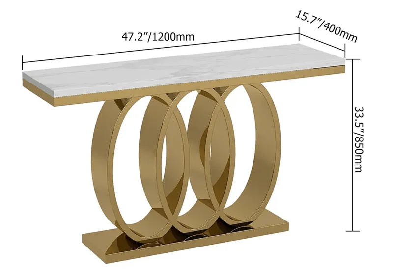 Narrow Modern White Console Table with Faux Marble Top & Metal Base