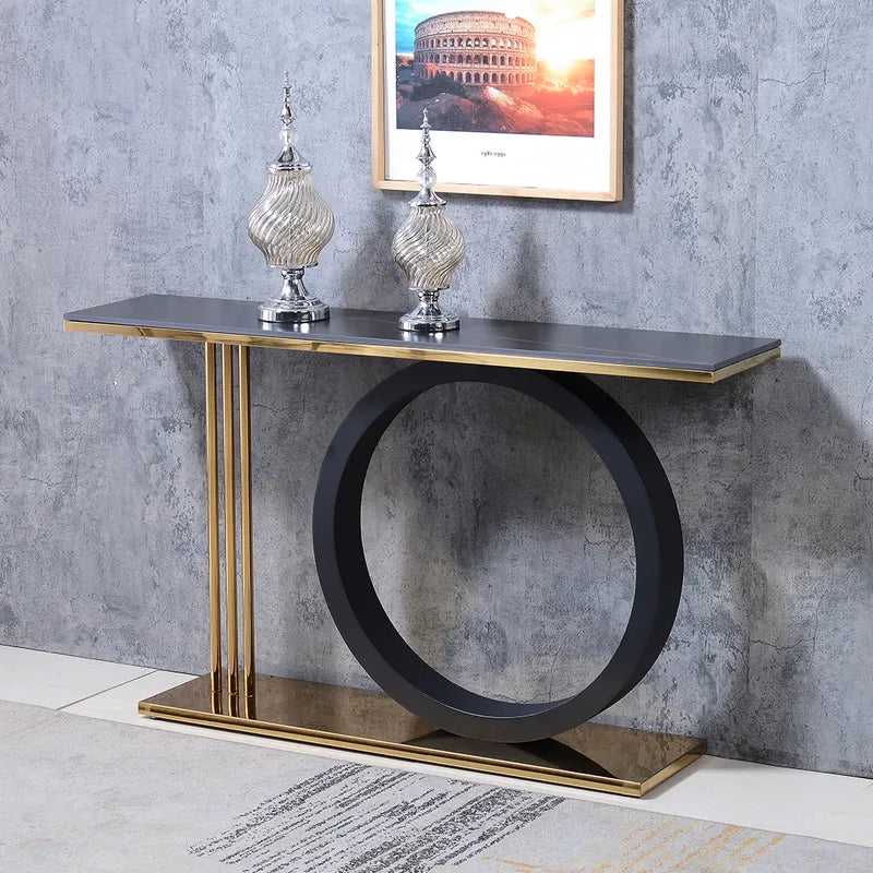 Post Modern Black Geometry Console Table Sintered Stone Top Metal Frame