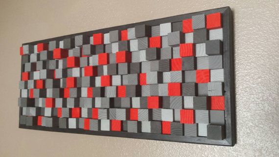 Red And Grey Square Wood Mosaic Wall Decor