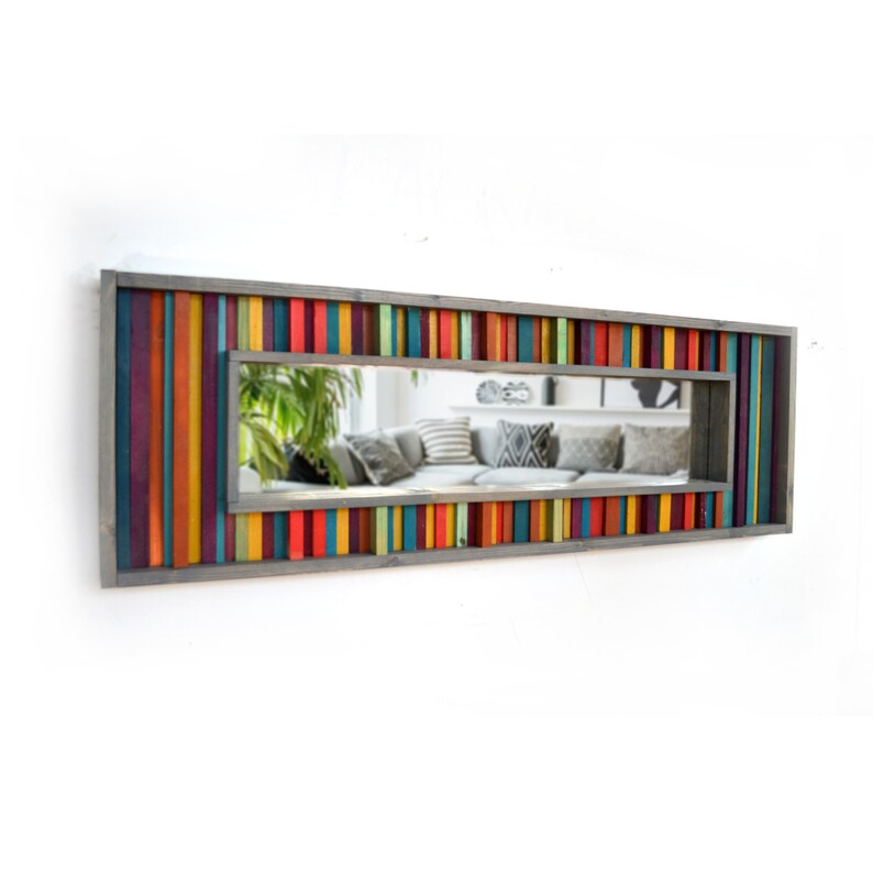 Red, Yellow, Purple and Teal Striped Reclaimed Wood Mirror Mosaic Wall Decor