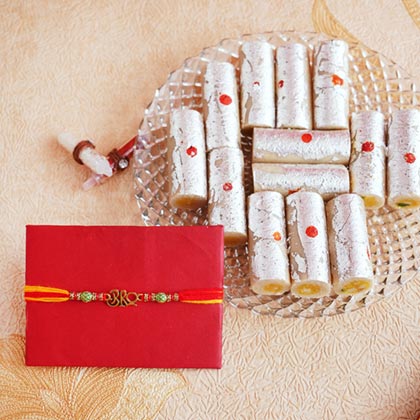 Rudraksha Rakhi and Kaju Roll Sweet