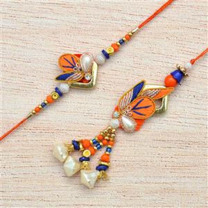 Orange And Blue Zardosi Lumba Bhaiya Bhabi Set