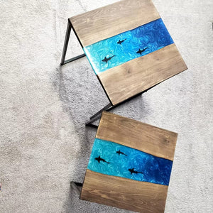 Shark Epoxy River Nesting Tables with Black Metal Legs