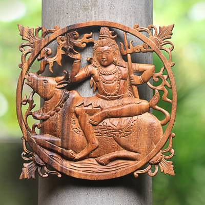 Hand Carved Teak Wood Shiva and Nandini