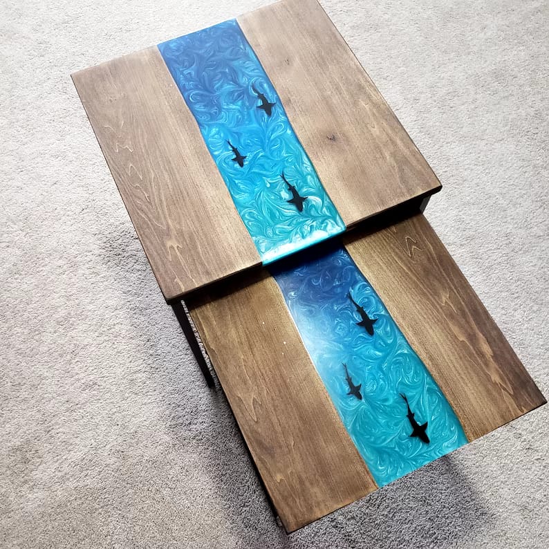 Shark Epoxy River Nesting Tables with Black Metal Legs
