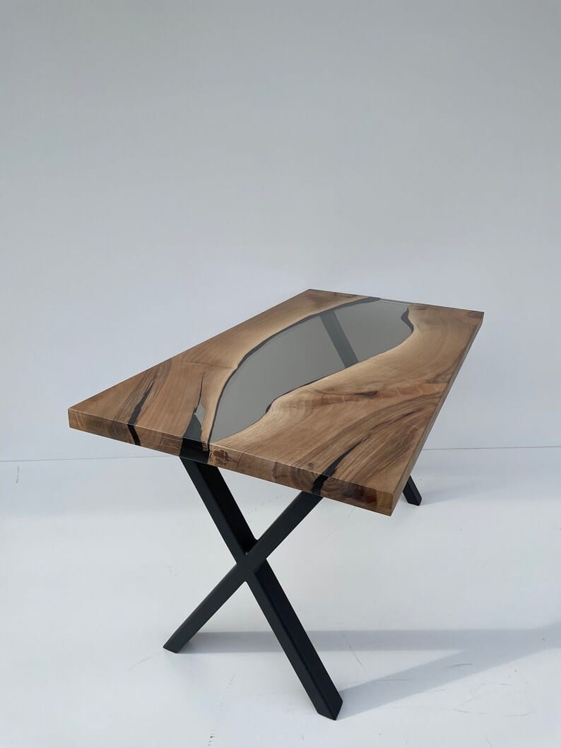 Unique Smoky Grey Epoxy Resin Dining Table With Live Edge