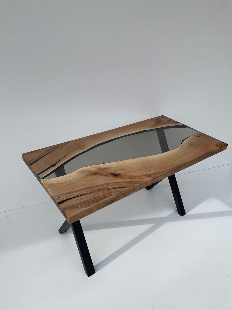 Unique Smoky Grey Epoxy Resin Dining Table With Live Edge