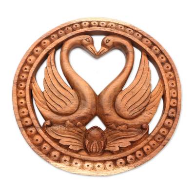 Hand Carved Teak Wood Swan Romance