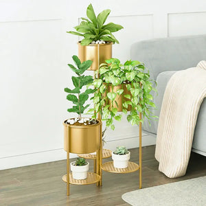 Tall Metal Plant Stand Indoor Modern 3 Tier Corner Planter in Gold