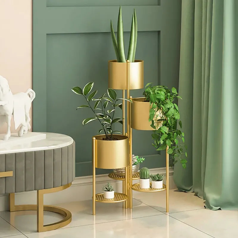 Tall Metal Plant Stand Indoor Modern 3 Tier Corner Planter in Gold