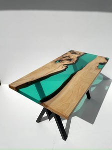 Transparent Tree Green Epoxy Resin Dining Table With Live Edge