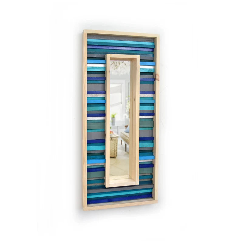 Turquoise and Teal Striped Reclaimed Wood Mirror Mosaic Wall Decor