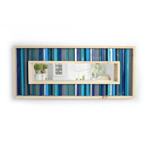 Turquoise and Teal Striped Reclaimed Wood Mirror Mosaic Wall Decor