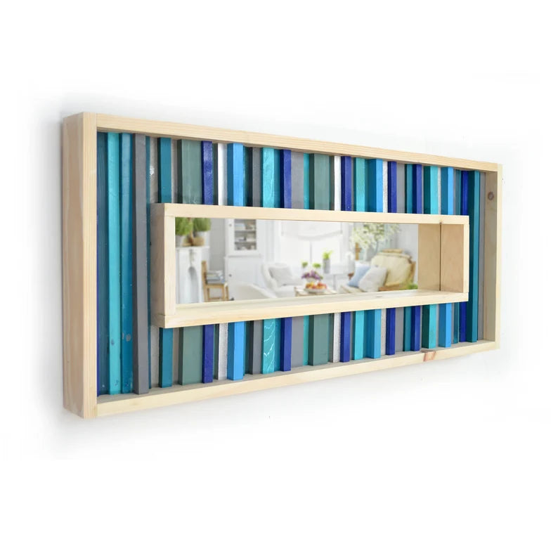Turquoise and Teal Striped Reclaimed Wood Mirror Mosaic Wall Decor