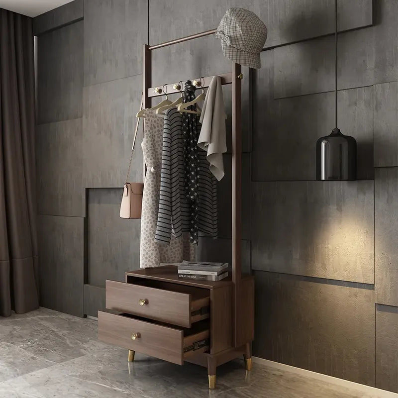 Ultic Walnut Classic Clothes Rack with Wood Frame Drawers Included