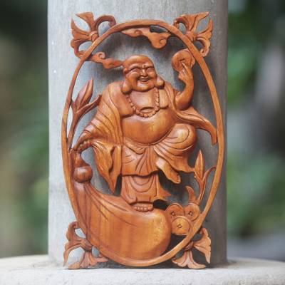 Happy Buddha Carved Wood Wall Panel