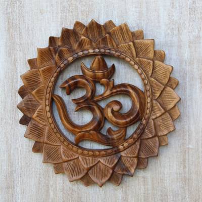 Handmade Teak Wood Wall Panel with Om in Lotus