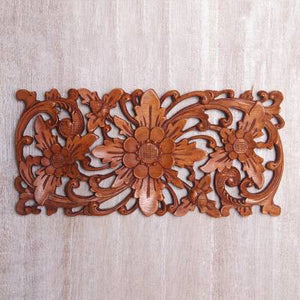 Hand Carved Teak Wood Majestic Flowers Wall Panel