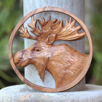 Hand Carved Teak Wood Moose Wall Panel