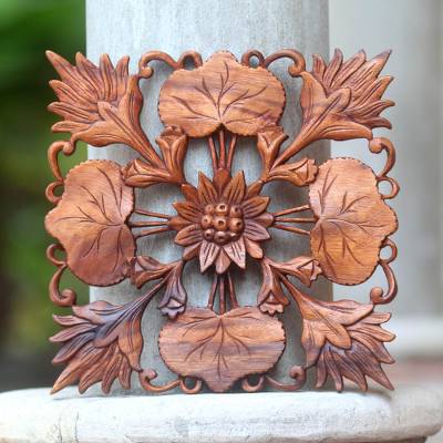 Teak Wood Wall Panel with Floral Motif Lotus Garden
