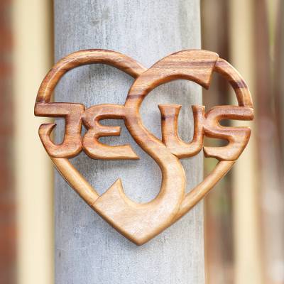Teak Wood Wall Panel Jesus Heart