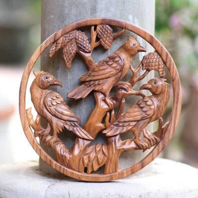 Hand Carved Teak Wood Wall Panel Bird Motif