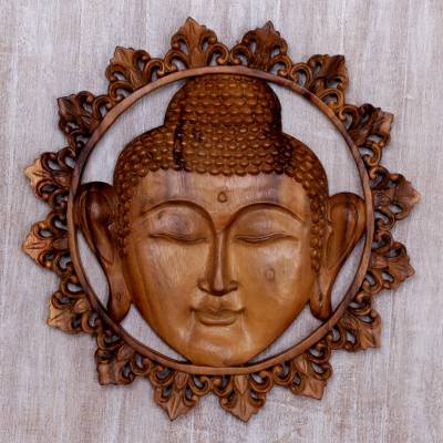 Buddha Face Wall Panel with Floral Engravings