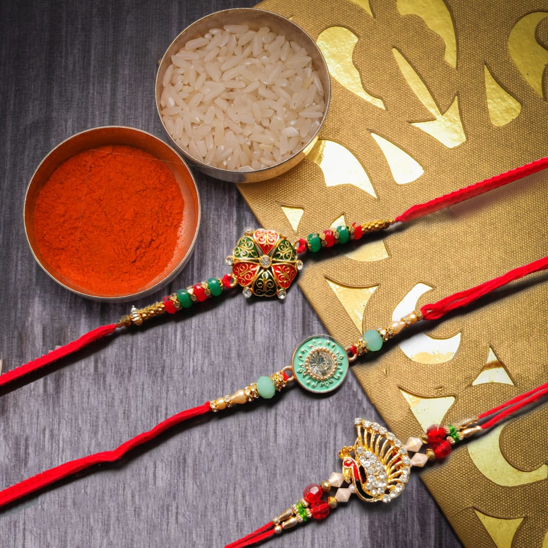 Sets of 3 Stone and Peacock Rakhi