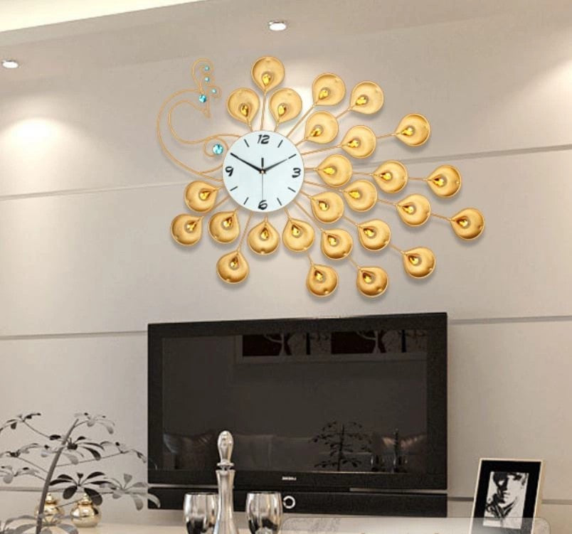 Golden Peacock Design Metal Wall Clock