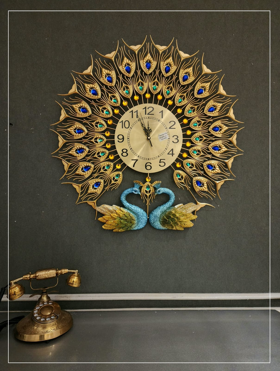 Double Peacock Design Metal Wall Clock Saajawat