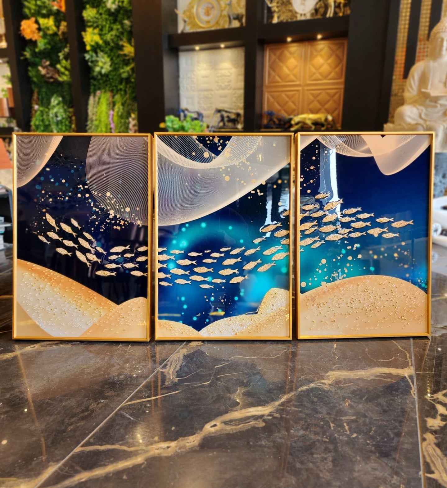 Underwater Gold Fish Crystal Painting ( Set of 3 ) Wall Decor
