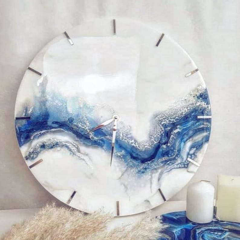 White and Navy Blue Abstract Epoxy Resin Wall Clock