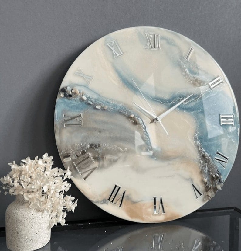 White Grey and Blue Abstract Epoxy Resin Wall Clock