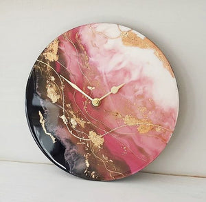 Modern Abstract Red Black And Gold Epoxy Resin Wall Clock