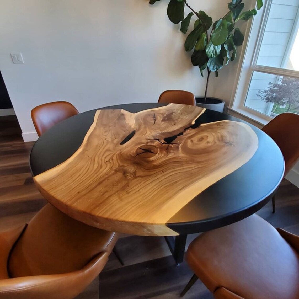 Black Round Epoxy Dining Table With Live Edge