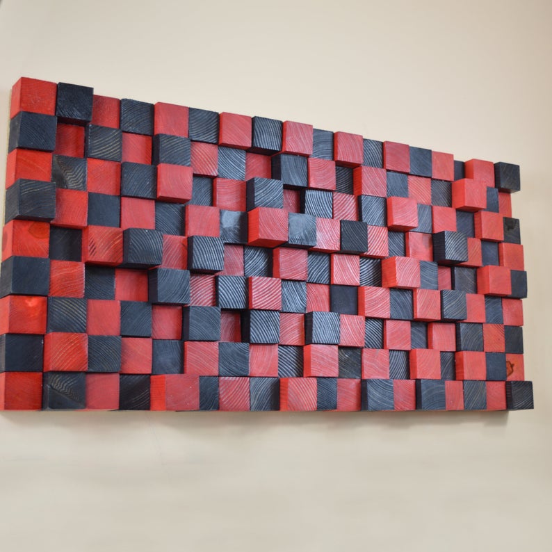 Red Black Wood Mosaic Wall Decor
