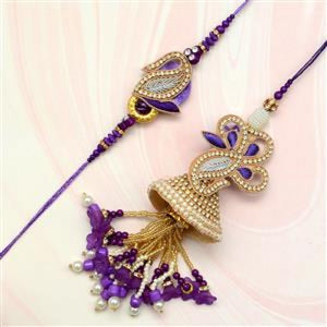 Beautiful Purple beads Stones With Zardosi Rakhi Lumba Bhaiya Bhabi Set